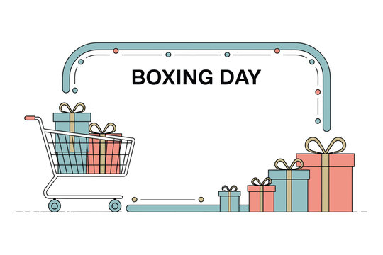 Boxing Day sales and shopping cart filled with gifts, symbolizing retail events.