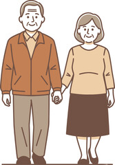 An elderly couple is holding hands and walking together, they are smiling and look happy in this vector illustration