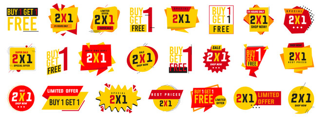 Buy 1 and get 2 promotion label collection. Sale, discount, shopping tag badges. Promotion label for shopping
