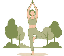 A woman practices yoga in a park, standing in tree pose with hands raised above her head, surrounded by trees, promoting wellness and mindfulness