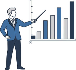 A businessman is presenting a bar graph with a pointer, showing data analysis and business growth