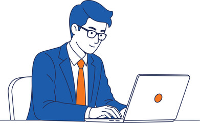 A young businessman is working on his laptop, he is wearing a suit and tie in this vector illustration