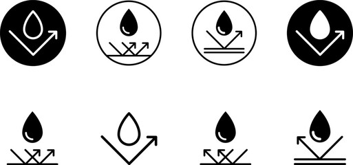 Waterproof icons. Water Proof sign collection. Water resistant symbol. Water protection icon with shield. Vector, PNG, jpeg. Keep dry. Open umbrella with water droplets icons set Water drop protection