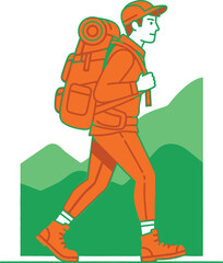 A man hikes through the mountains with a large backpack, enjoying the outdoors and exploring nature