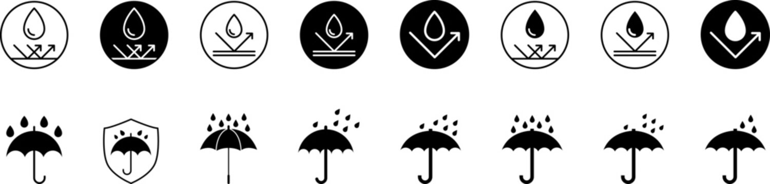Waterproof icons. Water Proof sign collection. Water resistant symbol. Water protection icon with shield. Vector, PNG, jpeg. Keep dry. Open umbrella with water droplets icons set Water drop protection