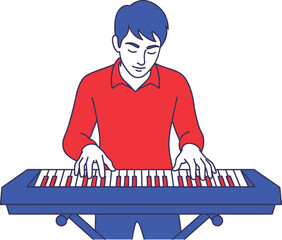 A musician with blue hair plays a keyboard with concentration, wearing a red shirt