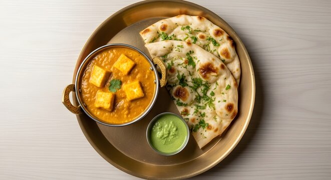 Delicious indian paneer butter masala served with garlic naan and mint chutney