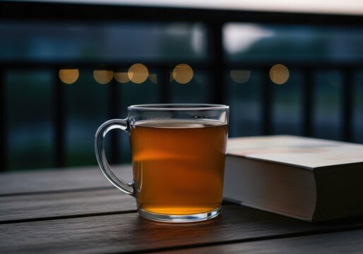 Cozy evening relaxation with a warm beverage and an open book outdoors - Powered by Adobe