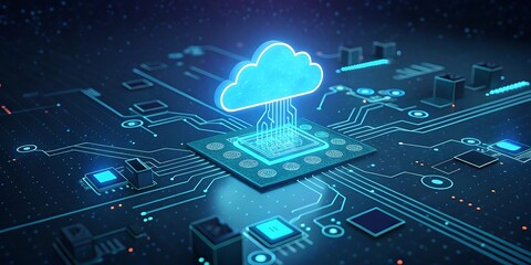 Abstract digital cloud computing concept visualized on a glowing blue circuit board with a central processor emitting light