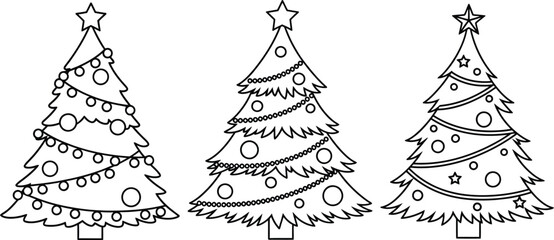 Three christmas trees with ornaments, perfect for coloring books, cards, or any holiday themed creative project