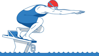 A swimmer in a blue swimsuit prepares to dive from a starting block, ready for competition