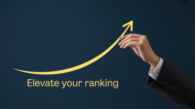 Elevate Your Ranking: A hand in a suit jacket traces the upward trajectory of a golden arrow, a symbol of growth and progression, set against a dark teal background.