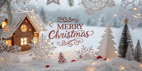 Enchanting snowy village scene with merry christmas greeting and twinkling lights creating a festive holiday atmosphere