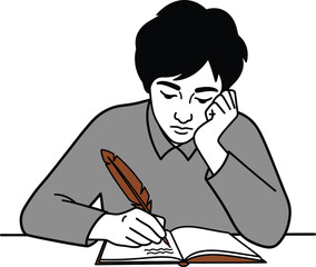 A young writer is deeply engrossed in writing in his notebook with a quill pen, capturing his thoughts and ideas on paper
