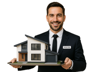 Smiling real estate agent holding house model. Property sale concept.