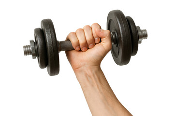 Hand gripping dumbbell isolated on white. Gym and sport concept.