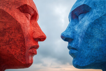 Two large abstract stone faces painted red and blue facing each other against a cloudy sky, symbolizing confrontation or dialogue between contrasting ideas or emotio