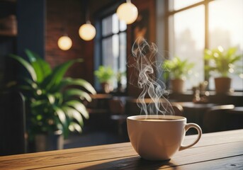 Steaming cup of coffee on a wooden table in a cozy cafe with natural light