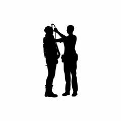 Silhouette of safety officer checking construction worker s harness isolated on white background