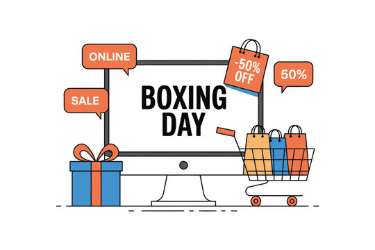 Boxing Day online sale with shopping bags and a gift box.