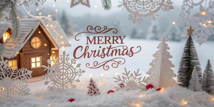 Enchanting snowy village scene with merry christmas greeting and twinkling lights creating a festive holiday atmosphere
