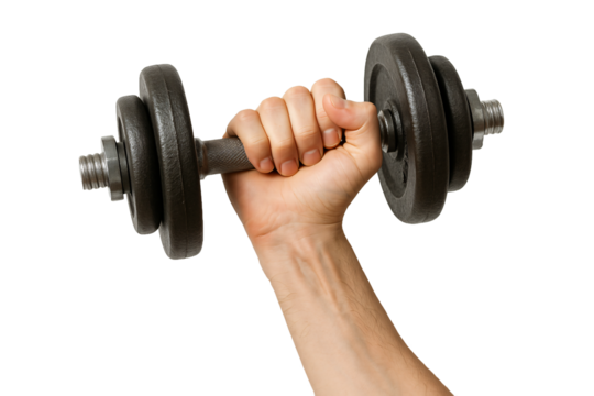 Hand gripping dumbbell isolated on white. Gym and sport concept.