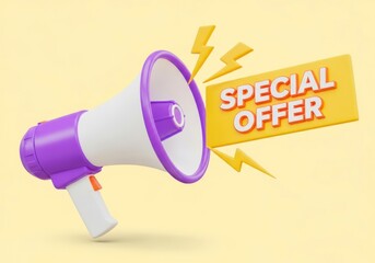 Exciting special offer announcement with a purple and white megaphone and yellow lightning bolts