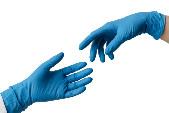 Two hands in blue medical gloves reaching to each other. Connection concept.