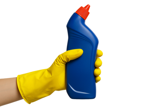 Hand in glove holding bottle of cleaning detergent. Household chores.