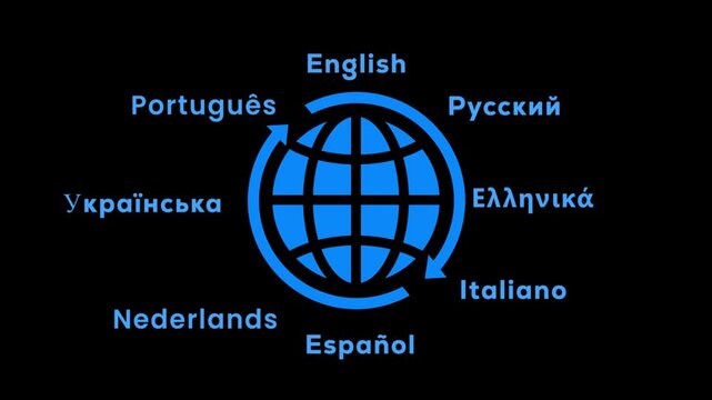 European languages globe animation, world language selection icon, multilingual text display, international translation symbol, global communication graphic, clean blue language wheel