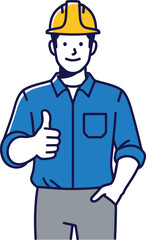 A friendly construction worker in a blue shirt and yellow hard hat is giving a thumbs up, he is smiling and ready to work