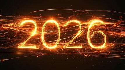 Glowing numbers 2026, surrounded by flowing energy waves, creating a dramatic and immersive visual effect, suitable for festive or futuristic themes.