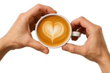 Hands holding cup of cappuccino with heart latte art. Morning coffee.