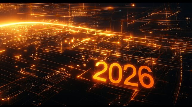 Glowing numbers 2026, surrounded by flowing energy waves, creating a dramatic and immersive visual effect, suitable for festive or futuristic themes.