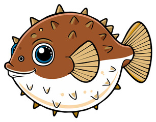 Obraz premium Cheerful Cartoon Pufferfish with Spikes, Big Eyes, and a Friendly Smile, Isolated on White Background