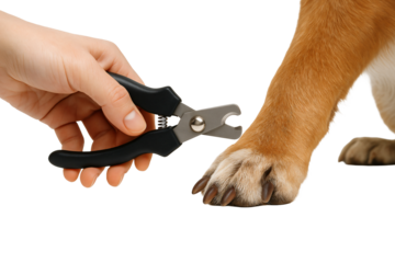 Hand clipping dog’s paw claws. Pet grooming concept.