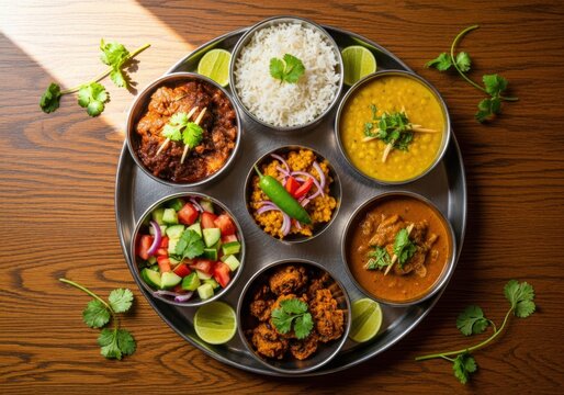 A vibrant indian thali feast showcasing diverse curries rice salad and accompaniments