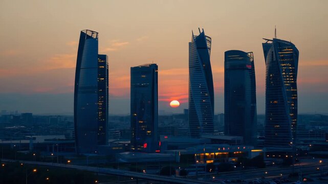 Futuristic skyscrapers at sunset modern city skyline with glowing windows and warm orange sky reflecting on glass facades urban landscape architecture development