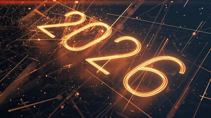 Glowing numbers 2026, surrounded by flowing energy waves, creating a dramatic and immersive visual effect, suitable for festive or futuristic themes.
