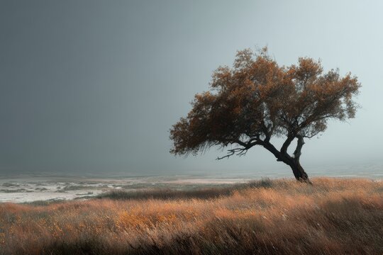 Lone tree stands tall in a golden field near grassy dunes under a cloudy sky on a breezy day, creating a beautiful nature landscape scene