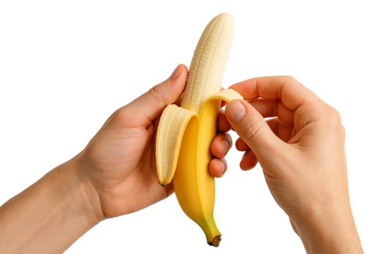 Hand peeling banana. Fresh tropical fruit. Healthy snack.