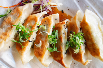 Close-up of Japanese gyoza dumplings topped with fresh spring onion.
