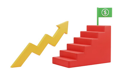 Red Staircase with Yellow Arrow and Dollar Flag isolated on a transparent background dollar sign