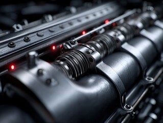 Naklejka premium Close-up of a metallic engine component with visible springs, bolts, and red indicator lights. The texture highlights the intricacy and precision of mechanical engineering