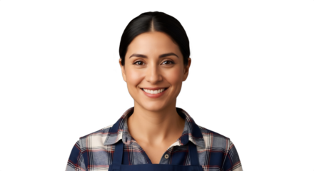 Smiling 38-42 Hispanic woman, artisanal jam maker in apron, plaid shirt. Professional studio portrait. Ideal for small business, culinary blogs, women entrepreneurship, Hispanic heritage,