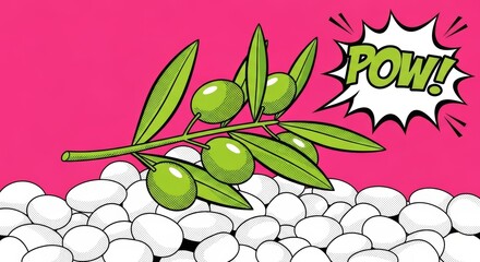 Olive branch with green olives on white candy isolated on pink background