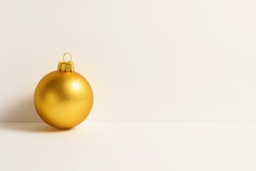 Glossy golden Christmas ornament placed on minimal white surface, capturing elegance and festive simplicity in holiday décor