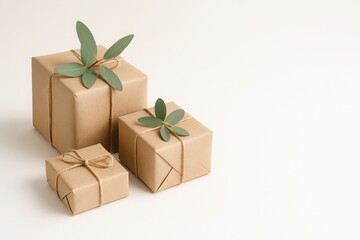 Eco-friendly gift boxes decorated with green leaves on white background perfect for sustainable holiday branding and natural festive visuals