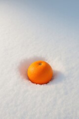 A fresh orange half-sunk into soft white snow, evoking cozy contrasts between winter cold and citrus brightness