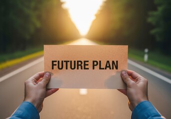 Hands hold a sign reading future plan on a road leading to a bright hopeful light